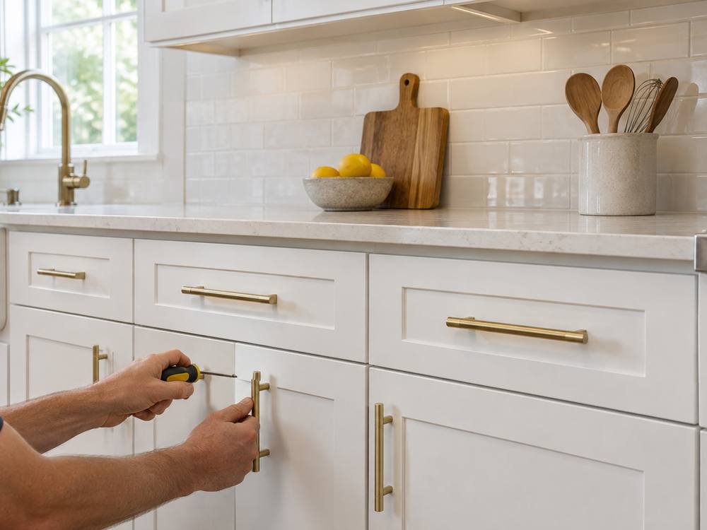 Hands fitting brass bar pulls onto white shaker kitchen cabinet doors