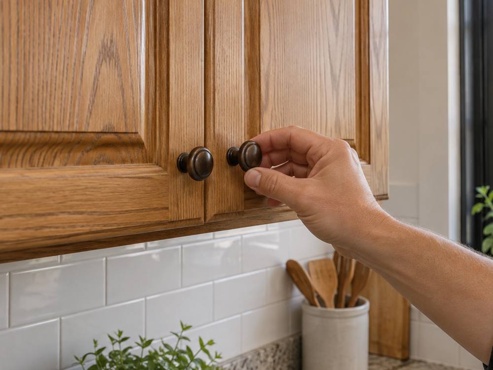 A hand turning a bronze knob on a golden oak cabinet door