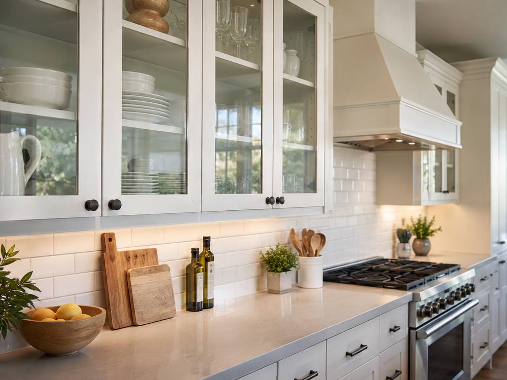 White glass-front upper cabinets with black knobs above a gas range