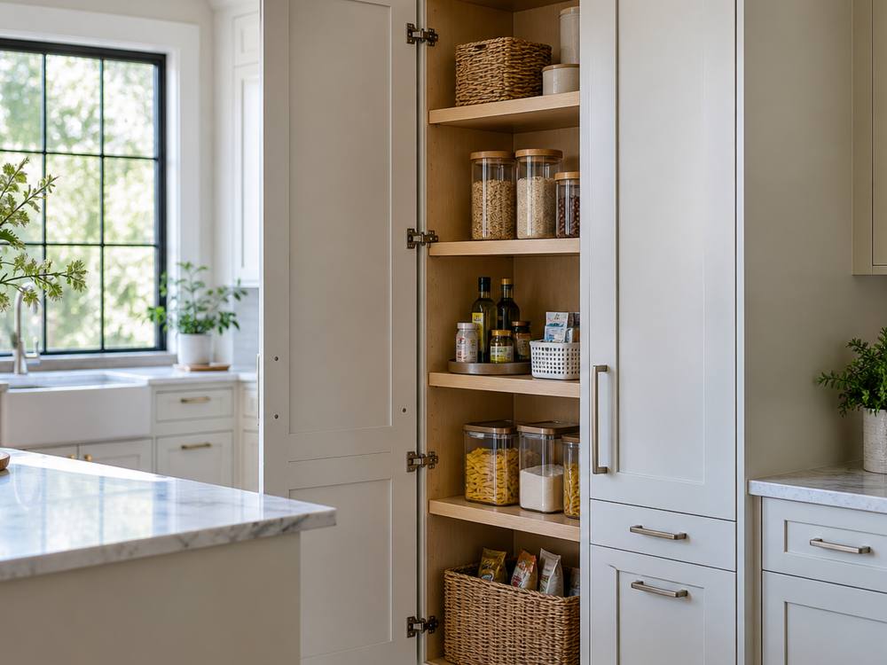 Tall painted pantry cabinet with its door open, showing shelves of jars and baskets