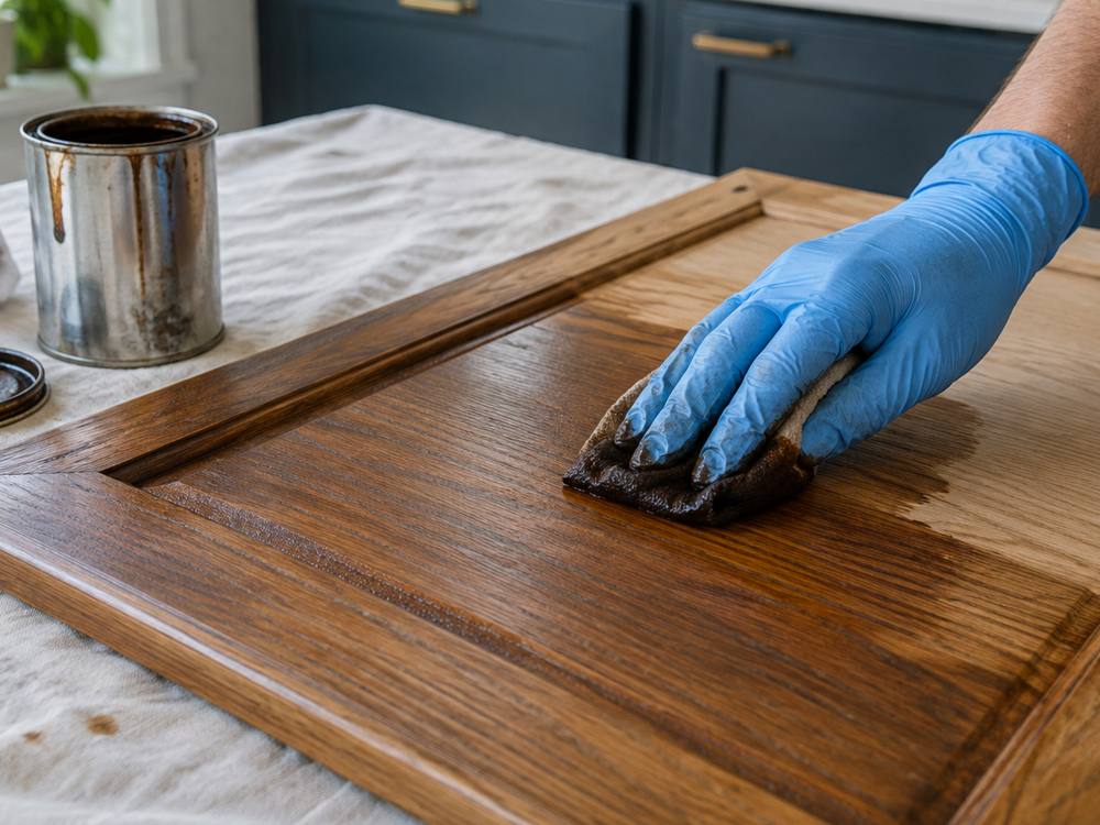 Gloved hand wiping dark stain onto an oak cabinet door on a drop cloth