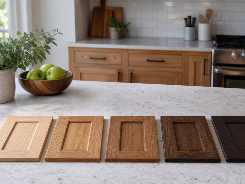 Five oak cabinet door samples in stain shades from light honey to dark espresso