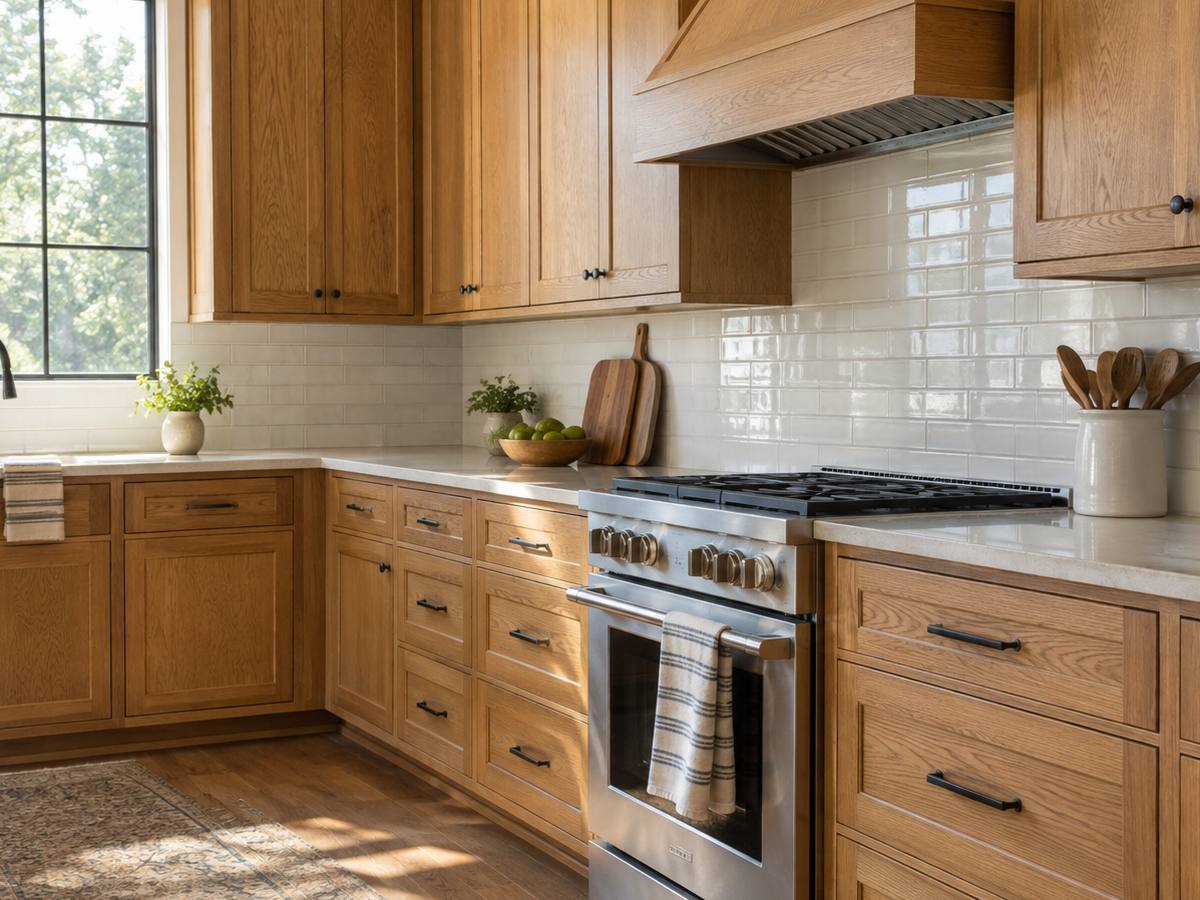 A Peterborough kitchen masked in plastic sheeting and tape with every door already removed.