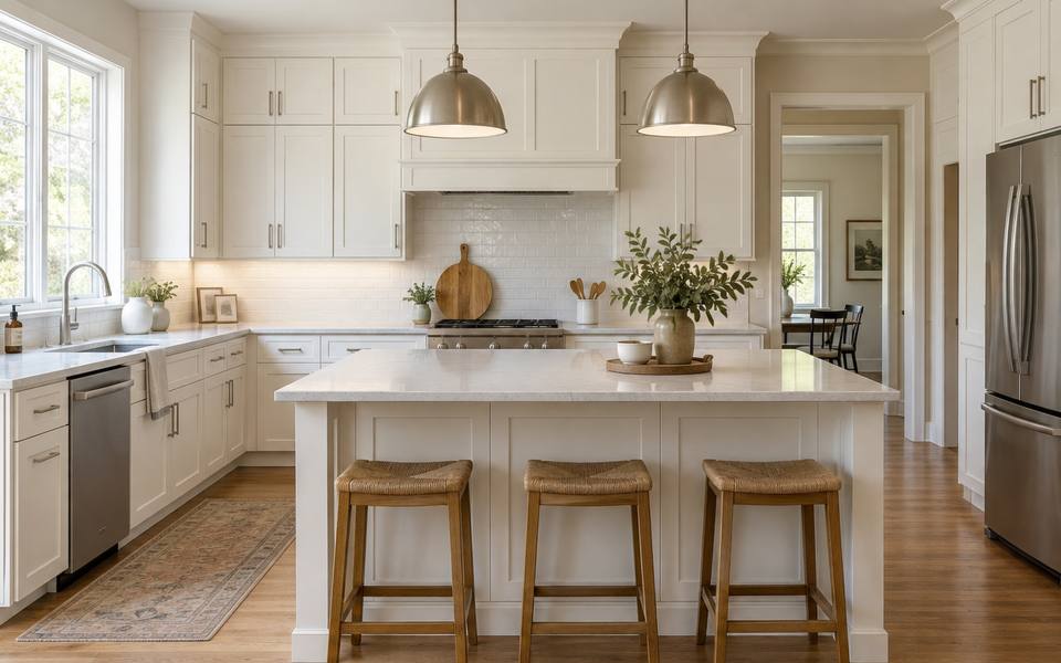 A bright white shaker kitchen with an island and a range, painted white.