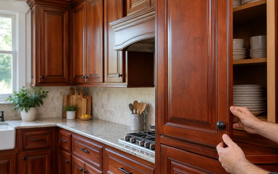 A golden oak kitchen photographed before any preparation or paint has begun.