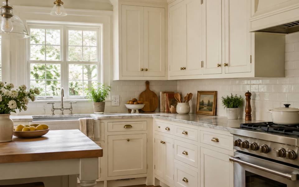 A blue-grey painted galley kitchen with cabinets down both walls.