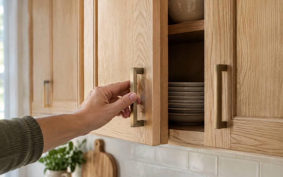 A cherry stained kitchen with raised panel doors and dark trim.