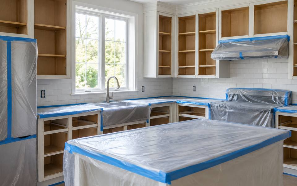 Three painted sample doors in green, navy and white laid across a counter.