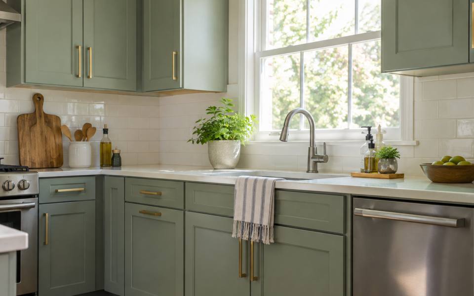 A sage green painted kitchen fitted with brass hardware throughout.